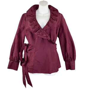 J Peterman Shirt Womens Size 14 Burgundy Silk Wrap Ruffle Blouse Formal Holiday